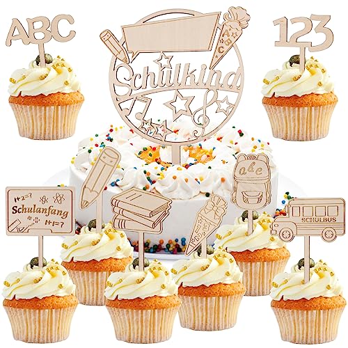 HOWAF 9 Schulanfang Tortendeko Einschulung Deko Cake Topper Einschulung Holz Cake Topper Schulkind Schulanfang Cupcake Topper Einschulung Schuleinführung ABC 123 Schultüte Kuchendeko Schulanfang Deko von HOWAF