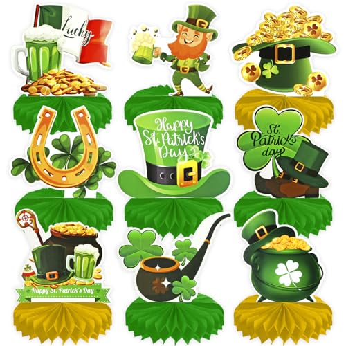 HOWAF 9 Stück St Patricks Day Accessoires Bienenwabe Tischaufsätze, Saint Patricks Day Tischdekorationen Papier Kleeblatt Irish Kobold 3D Honigwabe Mittelstücke Bienenwaben für St Patricks Day Deko von HOWAF