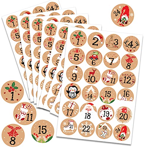 HOWAF Adventskalender Aufkleber (Zahlen 1-24) 192 Stück Kraft Zahlen Sticker für Weihnachten Kalender zum selber basteln, selbstklebend Adventskalenderzahlen Etiketten Nummern für Papiertüten von HOWAF