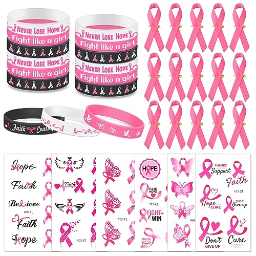 HOWAF Brustkrebs-Bewusstseins-Armband Silikon Pink Ribbon Armbänder Rosa Band Satinband-Nadeln Rosa Schleife Brustkrebs-Bewusstsein Temporäre Tattoos für Frauen öffentliche Aktivität Party Dekoration von HOWAF