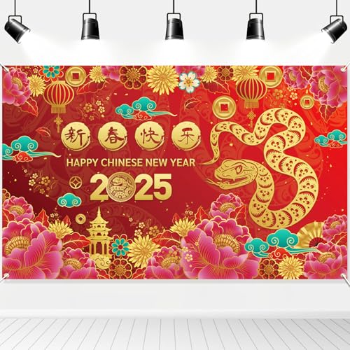 HOWAF Chinesische Neujahr 2025 Banner Chinese New Year Decoration 2025, GroßE Jahr des Schlange Banner Stoff Rot Foto Hintergrund Banner Hängedeko für Chinesischer Deko Asiatische Deko, 180 x 110 cm von HOWAF