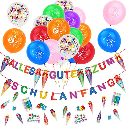 HOWAF Einschulung Deko, Bunt Alles Gute Zum Schulanfang Girlande Einschulung Banner und 35 Luftballons Einschulung Konfetti Streudeko Einschulung für Schuleinführung Schulanfang Deko Junge Mädchen von HOWAF