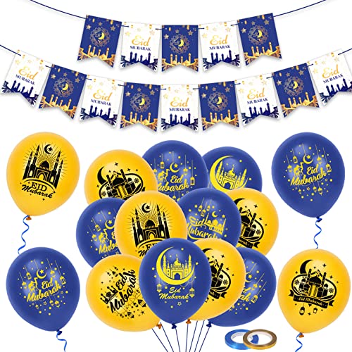 HOWAF Eid Mubarak Dekoration, Eid Mubarak Ballon Eid Mubarak Luftballon Eid Mubarak Banner Eid Mubarak Girlande Eid Banner Ramadan Ballon für Ramadan Mubarak Eid Dekoration, Blau Gold von HOWAF