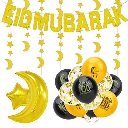 HOWAF Eid Mubarak Dekoration, Eid Mubarak Banner und Eid Mubarak Luftballons Eid Mubarak Ballon Stern Mond Girlande für Muslim Islamische Party Ramadan Deko Eid Deko Eid Mubarak Bayram Dekoration von HOWAF