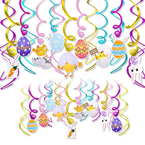 HOWAF Frohe Ostern Dekorationen, 30pcs Deckenhänger Ostern Spiral Girlanden, Ostern Wirbel Deko Luftschlangen Ostern Hängedeko Osterei Kaninchen Hase Küken Karotte Hähnchen Hängedeko Spiral von HOWAF