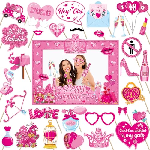 HOWAF Glitter Galentines Day Photo Booth Props Kit, 1 Happy Galentine's Day Photo Booth Frame with 30pcs Galentine's Day Selfie Props Kit, Girl's Valentine's Day Party Decorations Photo Props von HOWAF