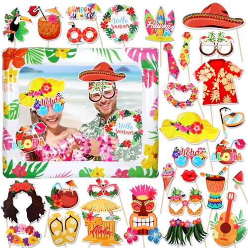 HOWAF Hawaii Party Deko, 30pcs Photo Booth Props Fotobox Accessoires Aufblasbarer Fotorahmen Partybrillen Fotobox Requisiten für Sommerdeko Hawaiian Tropische Luau Beach Party Dekoration Party Zubehör von HOWAF