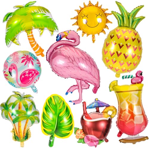 HOWAF Hawaii Deko Ballons, 9 Stück Sommer Deko Folienballon Pool Party Zubehör Flamingo Ananas Luftballons für Hawaiian Tropic Aloha Tiki Beach Party Deko Geburtstag Flamingo Deko Party Accessoires von HOWAF