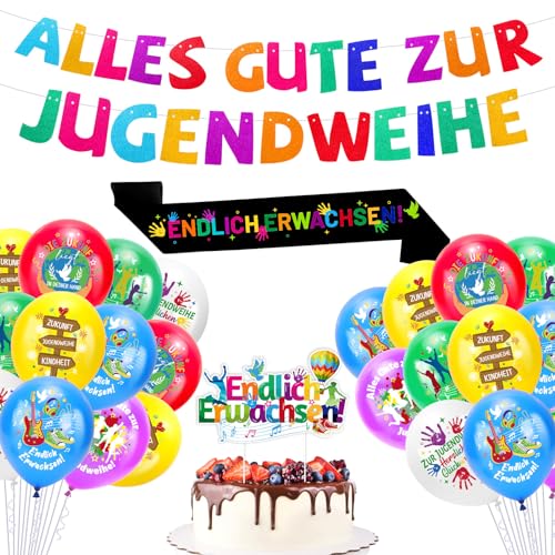 HOWAF Jugendweihe Deko Junge Mädchen, Luftballons Jugendweihe Luftballon Jugendweihe Banner Alles Gute zur Jugendweihe Girlande Jugendweihe Tortendeko Schärpe Endlich Erwachsen, für Deko Jugendweihe von HOWAF