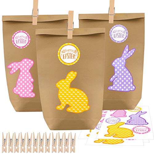 HOWAF Ostertüten zum Befüllen, 12 Stück Osterhase Papiertüten, DIY Geschenktüten Ostern Ostertasche mit Osterhasen Aufklebern für Kinder Osternester zum Befüllen und Verschenken von HOWAF