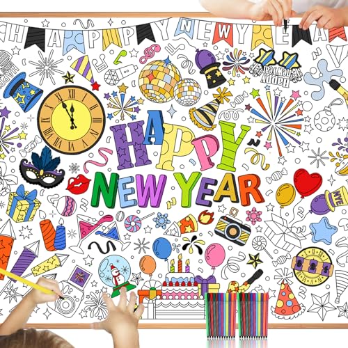 HOWAF Papier-Tischdecke zum Ausmalen Silvester Deko 2025, Happy New Year Ausmal-Tischdecke Frohes Neues Jahr Ausmaltischdecke Kinder Silvester Tischdecke Silvester Basteln Kinder für Neujahr Supplies von HOWAF