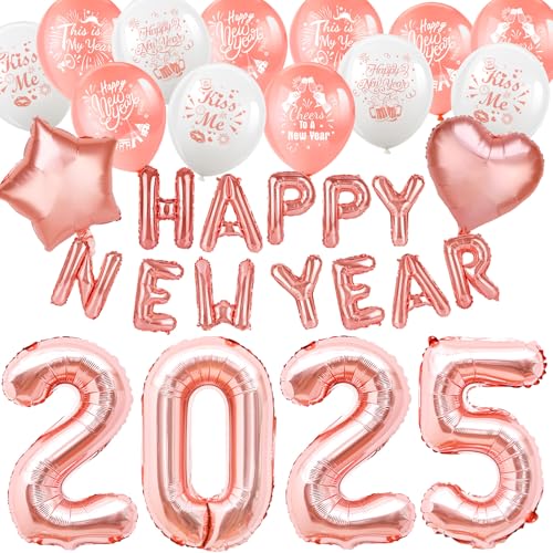 HOWAF Rose Gold Silvester Deko 2025 XXL Dekoration Party Set, Neujahr Silvesterdeko, Happy New Year Ballons Girlande, 2025 Folienballons, Neujahr deko 2025 Silvester Luftballons Latex Ballons von HOWAF