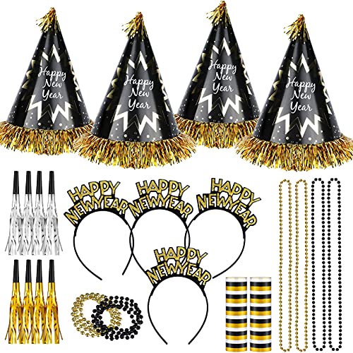 HOWAF Silvester Accessories Foto Requisiten – 24 Stück Happy New Year Haarreif Silvester Partyhüte Luftschlangen Tröten und Halskette für Kinder Erwachsene Neujahrdeko Silvester deko 2025 Party Set von HOWAF