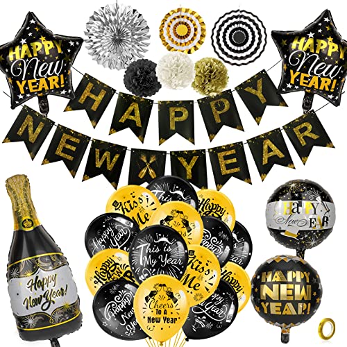 HOWAF Silvester Deko 2025, Happy New Year Deko 2025, Happy New Year Girlande, Pompoms, Silvester Luftballons für Neujahrsdeko, Deko Silvester Party 2025 Schwarz Gold von HOWAF