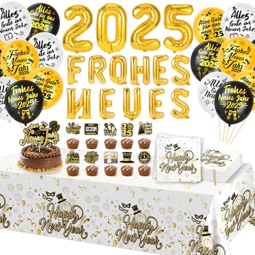 HOWAF Silvester Deko 2025, Frohes Neues Jahr 2025 Ballon Luftballons Silvester Luftballons Happy New Year Servietten Silvester Tischdecke Cupcake Topper Silvester Tischdeko Neujahrsdeko Supplies von HOWAF