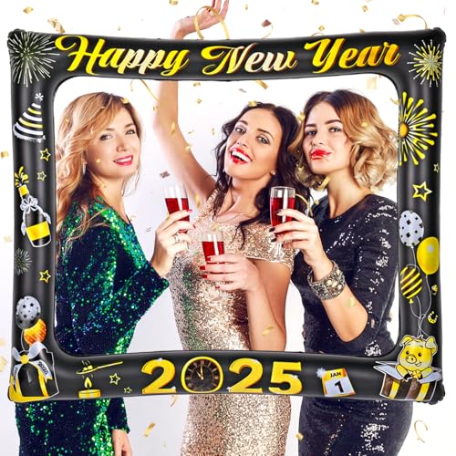 HOWAF Silvester Deko 2025, Happy New Year Deko 2025 Aufblasbarer Fotorahmen Fotobox Accessoires Silvester Party Aufblasbarer Bilderrahmen Selfie Rahmen für Neujahr Deko Silvesterdeko, Schwarz Gold von HOWAF