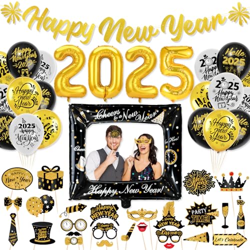 HOWAF Silvester Deko 2025, Happy New Year Girlande silvester Banner Silvester Luftballons 2025 Ballons Silvester Fotorahmen Folienballons Silvester Foto Requisiten für Silvesterparty Neujahrsdeko 2025 von HOWAF