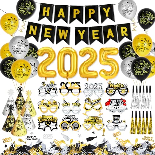 HOWAF Silvester Deko 2025, Silvester Luftballons 2025 Ballon Folienballon, Silvester Banner, Streudeko Silvester, Partyhüte Silvester Brille, Tröten für Neujahr Happy New Year Deko 2025, Schwarzgold von HOWAF