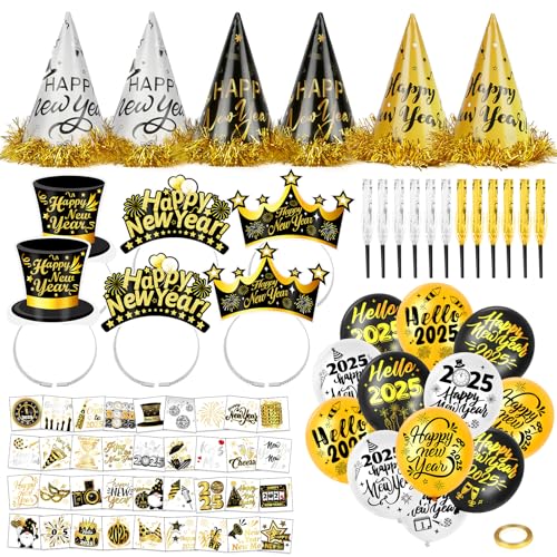 HOWAF Silvester Deko 2025, Silvester Luftballons Silvester Ballon 2025 Silvester Partyhüte Silvester Hüte Happy New Year Silvester Haarreif Silvester Temporäre Tattoos Partytröten für Neujahrsdeko von HOWAF