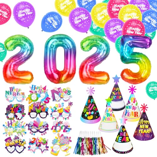 HOWAF Silvester Deko 2025, Silvester Luftballons Silvester Ballons 2025 Ballon, Silvester Brille Happy New Year Partyhüte Silvester Hüte Partytröten Silvester Foto Requisiten für Neujahr Accessories von HOWAF