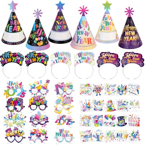 HOWAF Silvester Deko 2025, Silvester Partyhüte Silvester Hüte 2025, Silvester Haarreif, Silvester Brille 2025 Temporäre Tattoos für Neujahr Silvester Accessoires, Happy New Year Deko 2025, Feuerwerk von HOWAF