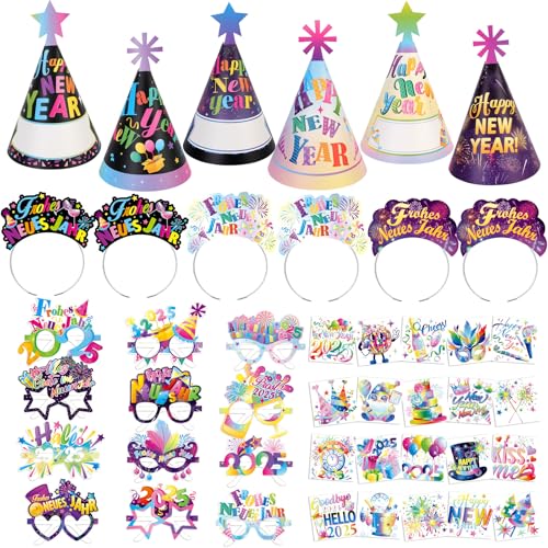 HOWAF Silvester Deko 2025, Silvester Partyhute Feuerwerk Silvester Brille 2025 Frohes Neues Jahr Brillen Silvester Haarreif Silvester Temporare Tattoos fur Neujahrsdeko Happy New Year Deko von HOWAF