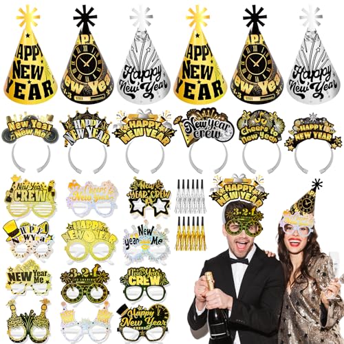 HOWAF Silvester Deko 2025 Schwarze Gold, Glitzer Silvester Partyhüte Silvester Hüte, Silvester Haarreif, Silvester Brille 2025, Tröten für Neujahr Silvester Accessoires, Happy New Year Deko 2025 von HOWAF