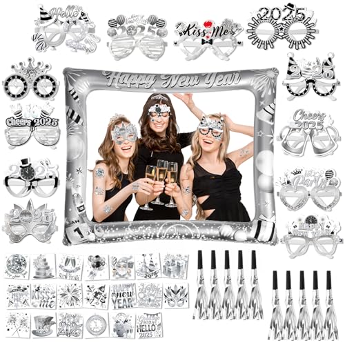 HOWAF Silvester Deko 2025 Silber, Silvester Aufblasbarer Fotorahmen, Silvester Brille 2025 Partybrille Silvester, Tattoos, Tröten für Neujahr Silvester Foto Requisiten, Happy New Year Deko 2025 von HOWAF