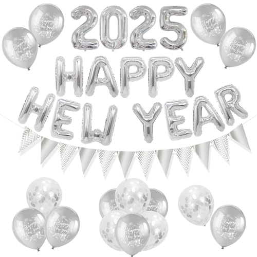 HOWAF Silvester Deko 2025 Silber, Silvester Luftballons Silvester 2025 Folienballons 2025 Ballon Silvester Banner für Silvester Party Neujahr Deko, Happy New Year Deko 2025, Silvester Deko Silber von HOWAF