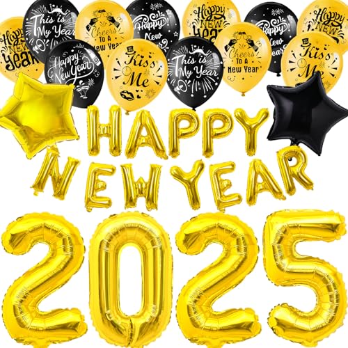 HOWAF Silvester Deko 2025 XXL Dekoration Set, 2025 Folienballons Happy New Year Girlande und Schwarz Gold Silvester Luftballons Latex Ballons für Neujahrsdeko Silvesterpartydeko Accessoires von HOWAF