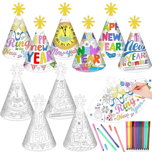 HOWAF Silvester Deko 2025 zum Ausmalen, 12 Silvester Partyhüte zum Ausmalen, Silvester Hüte Silvester Party Hüte, Ausmal Silvester Spiele für Kinder Silvester Accessoires, Happy New Year Deko 2025 von HOWAF