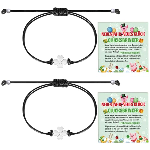 HOWAF Silvester Glücksbringer Kleeblatt Armband für Damen, Mädchen, mit Neujahrskarten, Neujahrsglücksbringer Glücksarmband, Silvester Mitbringsel, Viel Glück Kleine Neujahr Silvester Geschenk von HOWAF