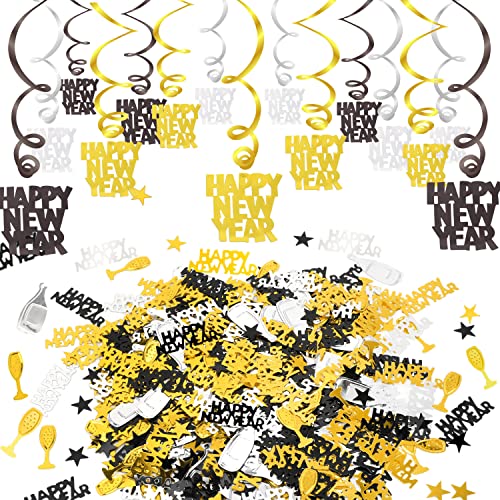 HOWAF Silvester deko 2025 Neujahrdeko Silvester Dekoration Set, 15 Teilig Frohes neues Jahr hängedeko Folie Wirbel Happy New Year Deckenhänger Spiralen Girlande und Konfetti, schwarz, Gold, Silber von HOWAF