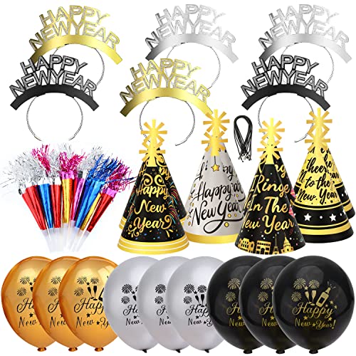 HOWAF Silvester Deko 2025 Party Set, 43pcs Happy New Year Haarreif Silvester Kopfschmuck Partyhüte Silvester Accessories Fotorequisiten Tröten und Luftballons für Kinder Erwachsene Neujahr Partydeko von HOWAF