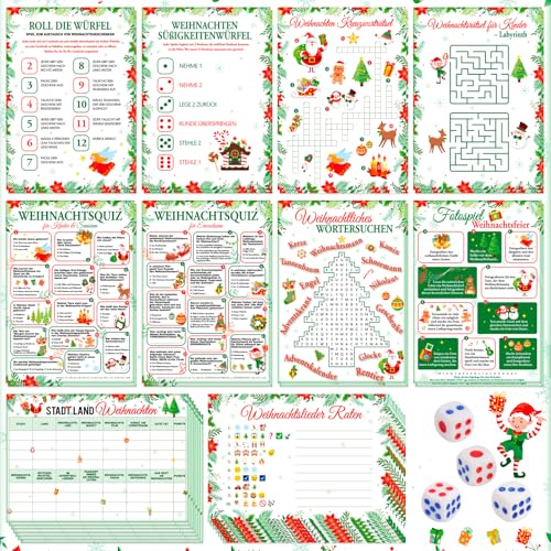 HOWAF Weihnachtsspiel, 10 Spiele für Weihnachten, Weihnachtsquiz, Stadt Land Weihnachten, Weihnachtsrätsel, usw. Gesellschaftsspiele Familienspiele Partyspiel zur Weihnachten für Kinder & Erwachsene von HOWAF