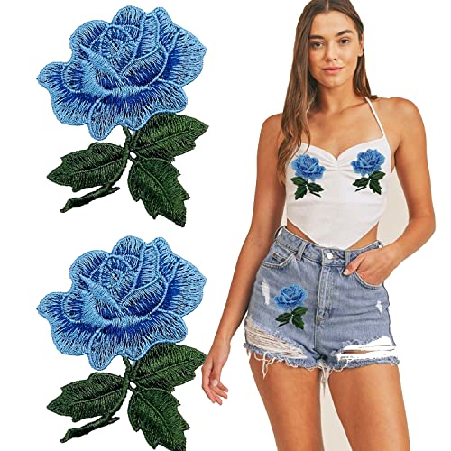 Blauer Blumen-Aufnäher, zum Aufbügeln, bestickte Applikationen, zum Selbermachen, für Kleidung, Rose, Valentinstag, zum Aufnähen/Aufbügeln, Rucksäcke, Hüte, Jeans, Jacken, 2 Stück (blau) von HOXIEYA