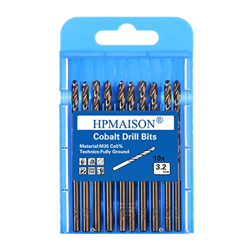 HPMAISON 10 Stück 3,2mm M35 HSS Cobalt Bohrer Kobalt Jobber Bohrer Set Spiralbohrer zum Bohren auf Edelstahl, Harte Stähle, Metall, Kupfer, Gusseisen, Holz, Kunststoff von HPMAISON