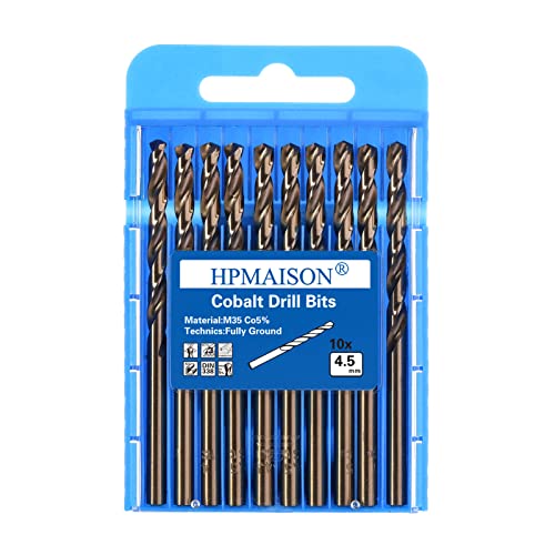 HPMAISON 10 Stück 4,5mm M35 HSS Cobalt Bohrer Kobalt Jobber Bohrer Set Spiralbohrer zum Bohren auf Edelstahl, Harte Stähle, Metall, Kupfer, Gusseisen, Holz, Kunststoff von HPMAISON