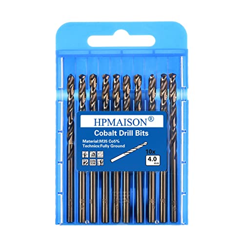 HPMAISON 10 Stück 4mm M35 HSS Cobalt Bohrer Kobalt Jobber Bohrer Set Spiralbohrer zum Bohren auf Edelstahl, Harte Stähle, Metall, Kupfer, Gusseisen, Holz, Kunststoff von HPMAISON