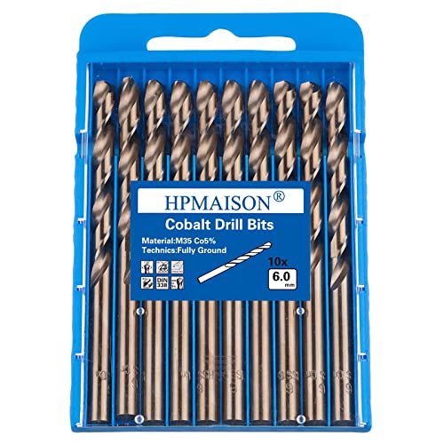 HPMAISON 10 Stück M35 HSS Cobalt Bohrer Kobalt Jobber Bohrer Set Spiralbohrer zum Bohren auf Edelstahl, Harte Stähle, Metall (6mm x 93mm) von HPMAISON