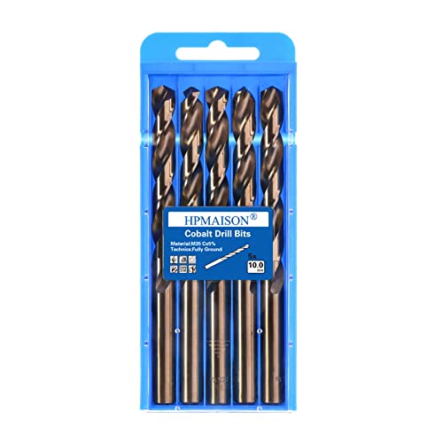 HPMAISON 5 Stück 10mm M35 HSS Cobalt Bohrer Kobalt Jobber Bohrer Set Spiralbohrer zum Bohren auf Edelstahl, Harte Stähle, Metall, Kupfer, Gusseisen, Holz, Kunststoff von HPMAISON