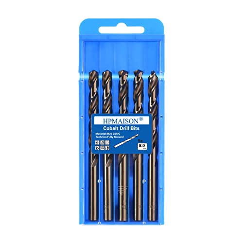 HPMAISON 5 Stück 8mm M35 HSS Cobalt Bohrer Kobalt Jobber Bohrer Set Spiralbohrer zum Bohren auf Edelstahl, Harte Stähle, Metall, Kupfer, Gusseisen, Holz, Kunststoff von HPMAISON