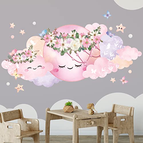 HPNIUB 40 Stück Wandsticker Kinderzimmer Mädchen,84 x 42 cm (BxH),Rosa Babyzimmer Wandaufkleber,Wolken Wandtattoo,Mond Kinder Warme Wandsticker Mädchen Schlafzimmer Sterne Blumen Wanddeko Geschenk von HPNIUB