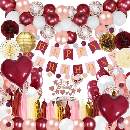 CHMMY Mädchen Geburtstag Dekorationen Geburtstagsdeko Rosegold Rosegold Weinrot Luftballons Konfetti Burgunder Weiß Pink Banner Happy Birthday Herz Folienballon Papierquasten für Mädchen Partydeko von CHMMY