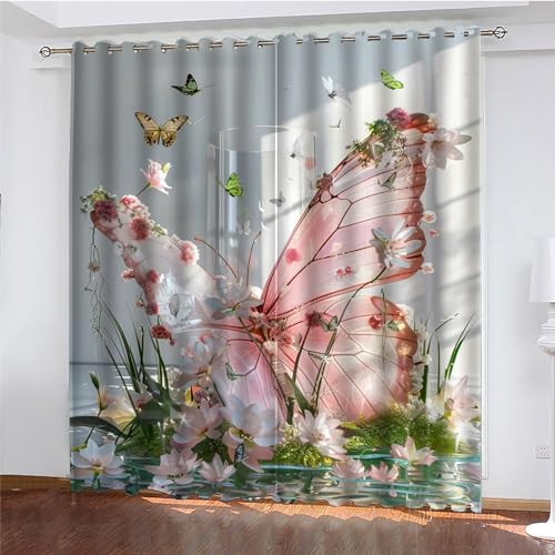 HRBK Gardinen Blickdicht Schmetterling Verdunklungsvorhänge Schallschutz Vorhang Wohnzimmer füR Wohnkultur Schlafzimmer VorhäNge B 140 x H 245 cm 2er Set von HRBK