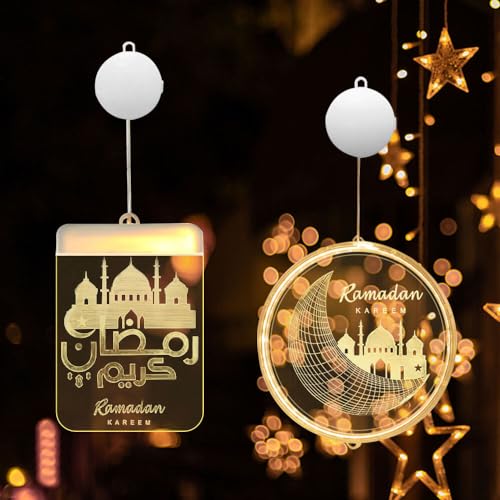 HRKVSK 2PCS Eid Ramadan Eid Mubarak Dekoration Lichter, Dekoration Fee Licht Mit Saugnapfhaken, Ramadan Kareem Hängende Lichter, Led Muslim Ramadan Lichterkette, Mond Schloss Ramadan Lichter von HRKVSK