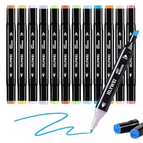 HRXYYCX Alkohol Marker Set - 12 Farben Dual Tip Künstler Zeichnung Marker mit APP für Coloring, Meißel & Bullet für Kinder Erwachsene Graffiti Anime Illustration Malerei Doodling von HRXYYCX