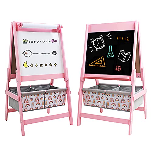 Kinder Staffelei Standtafel Kindertafel Holz, Whiteboard+Kreidetafel+Papierrolle+2 Aufbewahrungsboxen, magnetische Doppelseitige Schreibtafel Schultafel Geschenke für Kinder, 93 x 54 x 45 cm (Rosa) von HS-Lighting