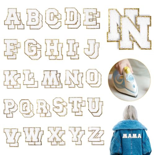 52 Stück Buchstaben zum Aufbügeln für Kleidung, Chenille, Alphabet, bestickt, mit goldenem Glitzer, für Kleidung, Rucksäcke, Jeans, Mützen, Aufnäher, DIY-Zubehör, Weiß von HSCSO