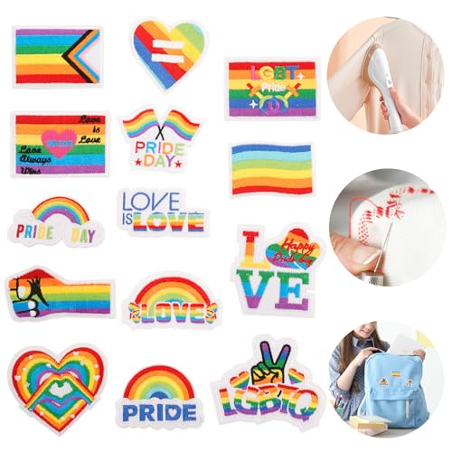 HSCSO 14 Stück Bügelbilder, bestickt, zum Aufnähen, Aufnähen, buntes Liebesherz, niedlicher Regenbogen, Basteln, für Kleidung, Rucksack, Jeans, Kleid, Hut von HSCSO